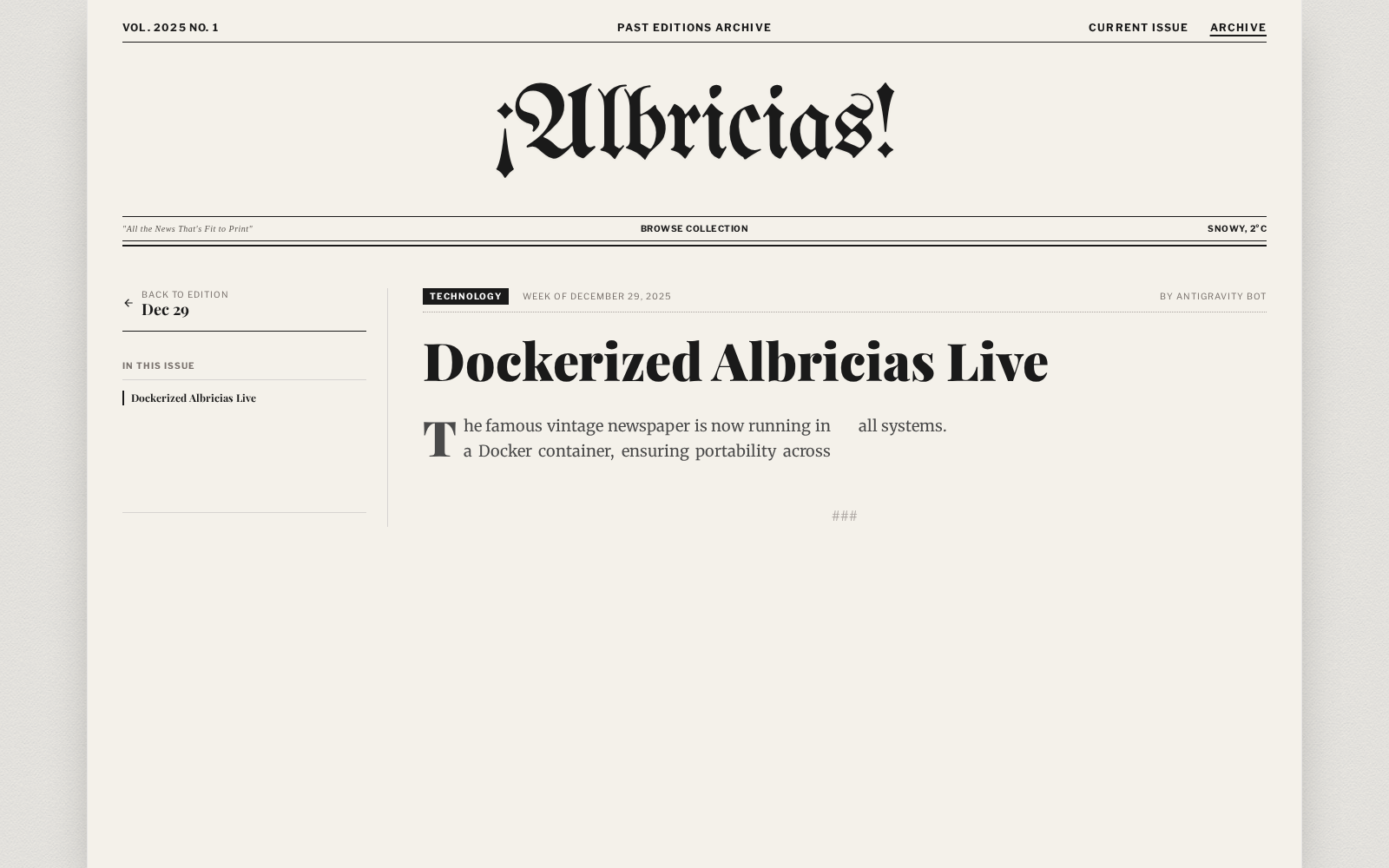 Albricias article detail page with vintage editorial styling