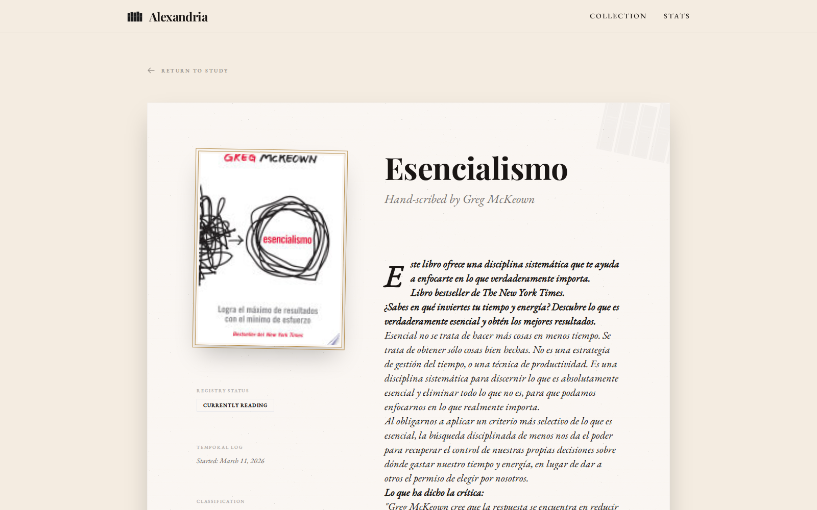 Alexandria book detail view with enriched metadata