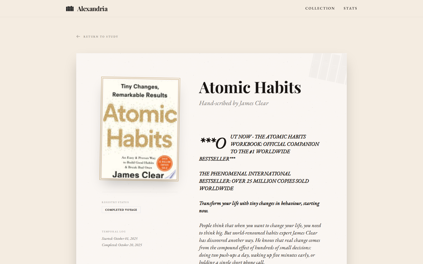 Alexandria additional book record showing private library catalog view