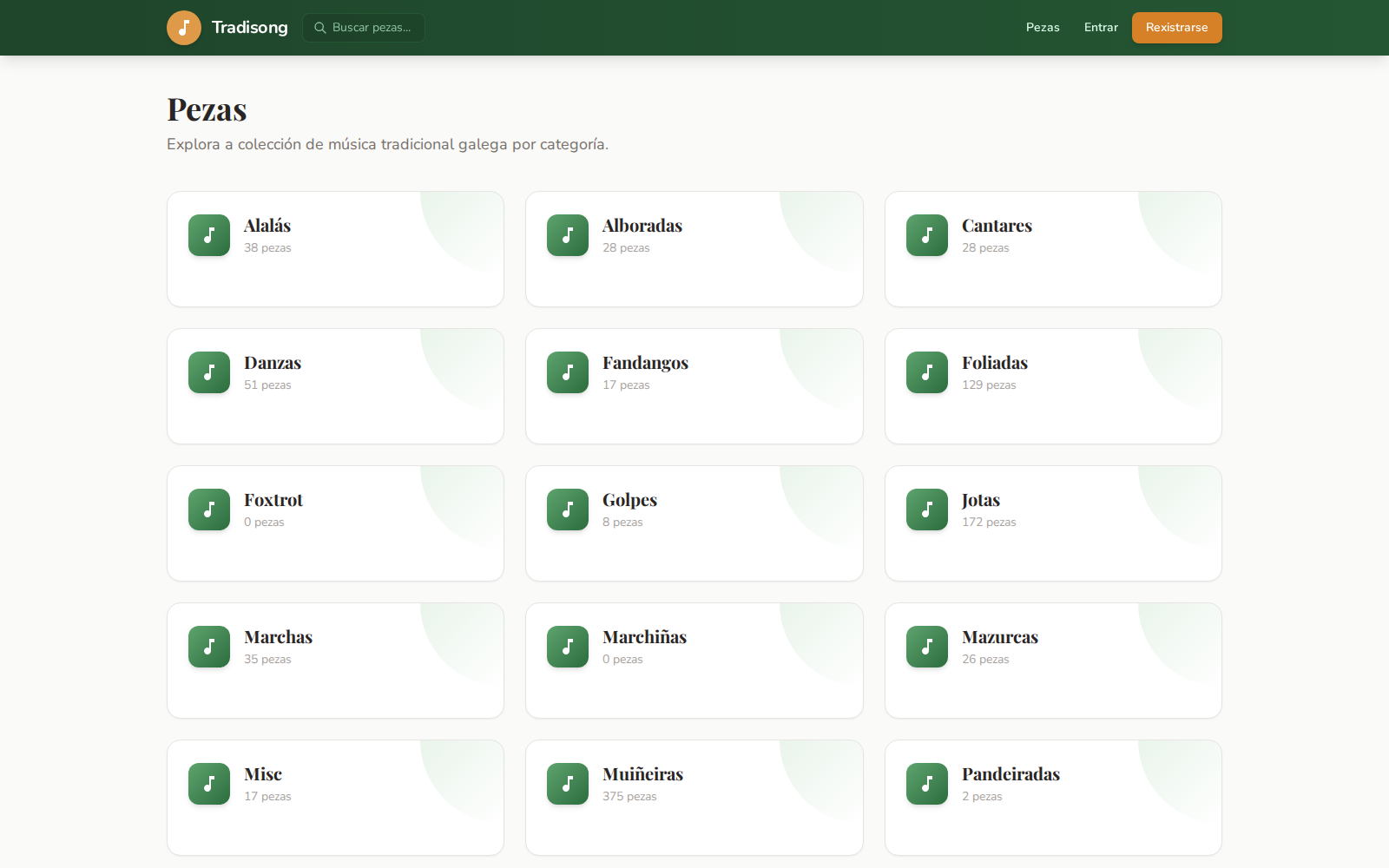 Tradisong categories overview for browsing traditional pieces