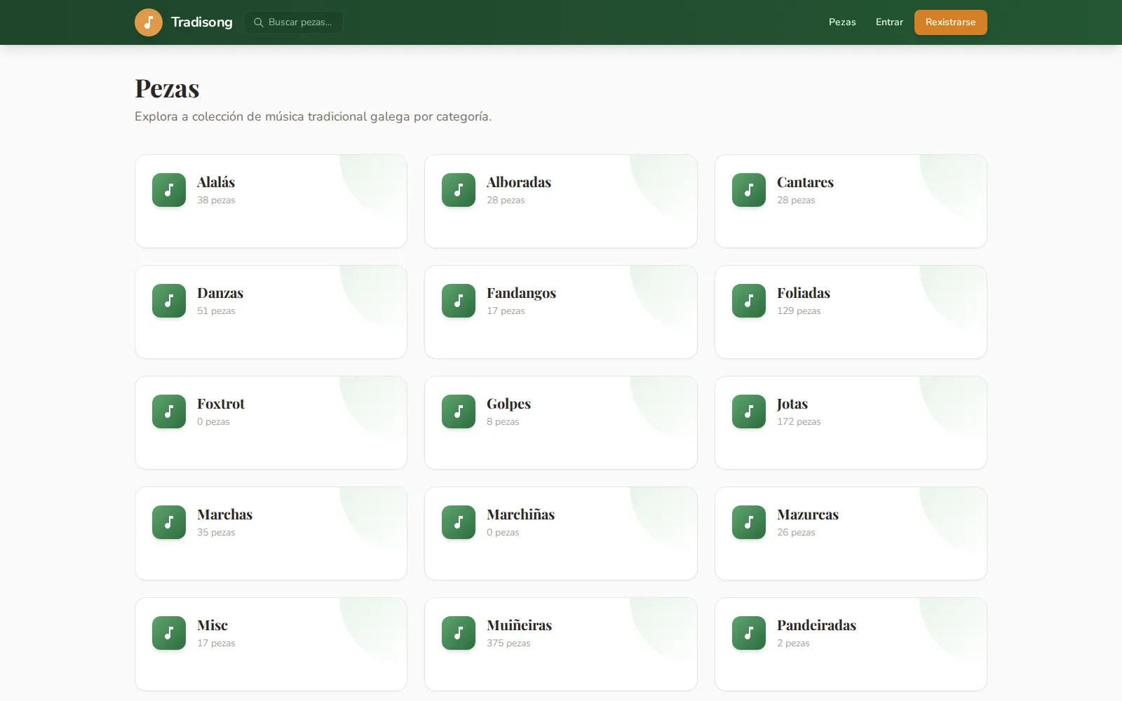 Tradisong categories overview for browsing traditional pieces