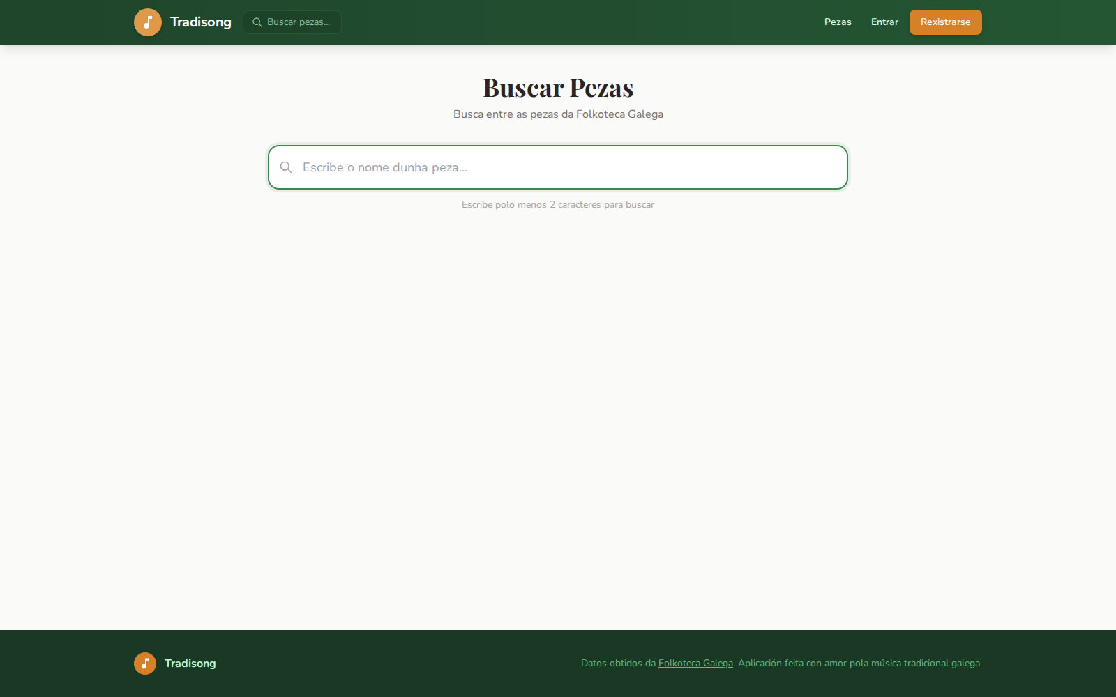 Tradisong live search interface for finding pieces quickly