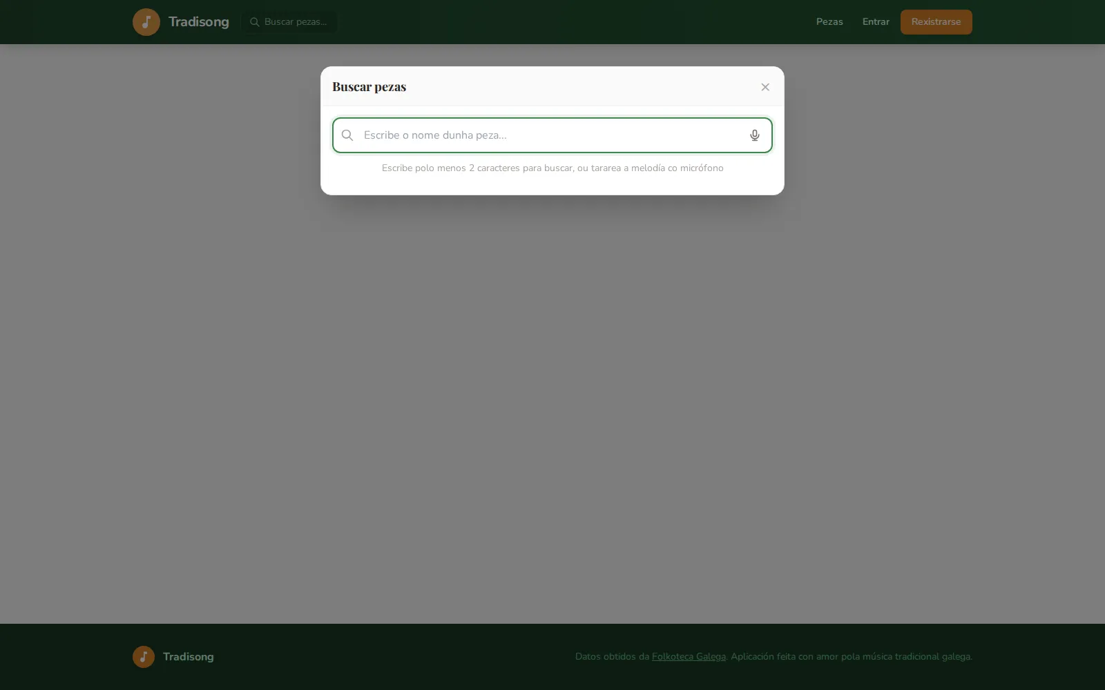 Tradisong live search interface for finding pieces quickly