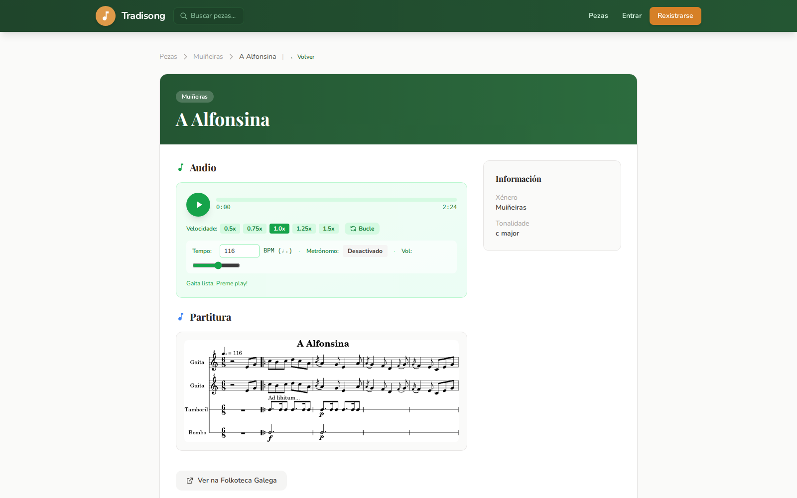 Tradisong piece detail view with playback controls and score access